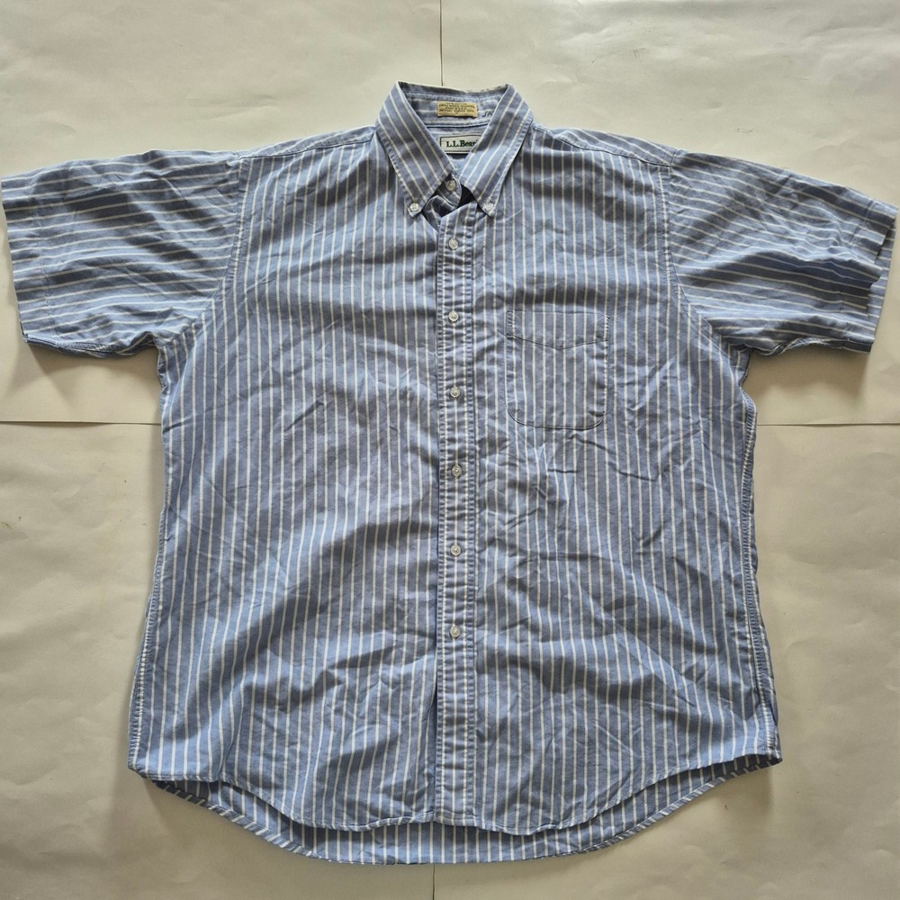 Vintage LL Bean Mens 17 Blue White Striped Oxford Shirt Short Sleeve Made in USA